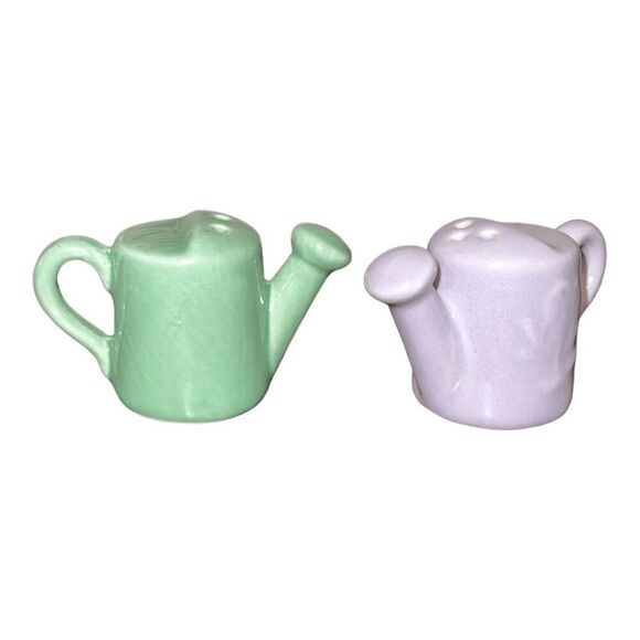 Miniature Ceramic Watering Can Salt and Pepper Shakers, Green and Purple - Picture 2 of 3